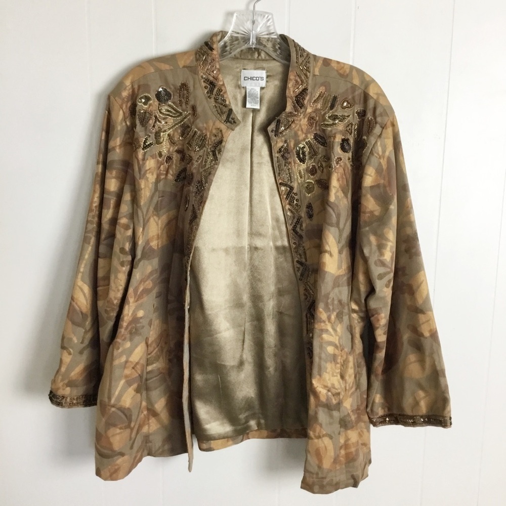 CHICO'S Open Front Beaded Sequin Embellished Netting Overlay Jacket Brown | XL